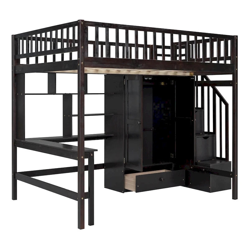 Nordic Creative Full Size Wood Loft Bed with Bookshelf, Drawers, Desk and Wardrobe Storage Bed Frame for Kids Teens Adults