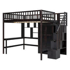Nordic Creative Full Size Wood Loft Bed with Bookshelf, Drawers, Desk and Wardrobe Storage Bed Frame for Kids Teens Adults