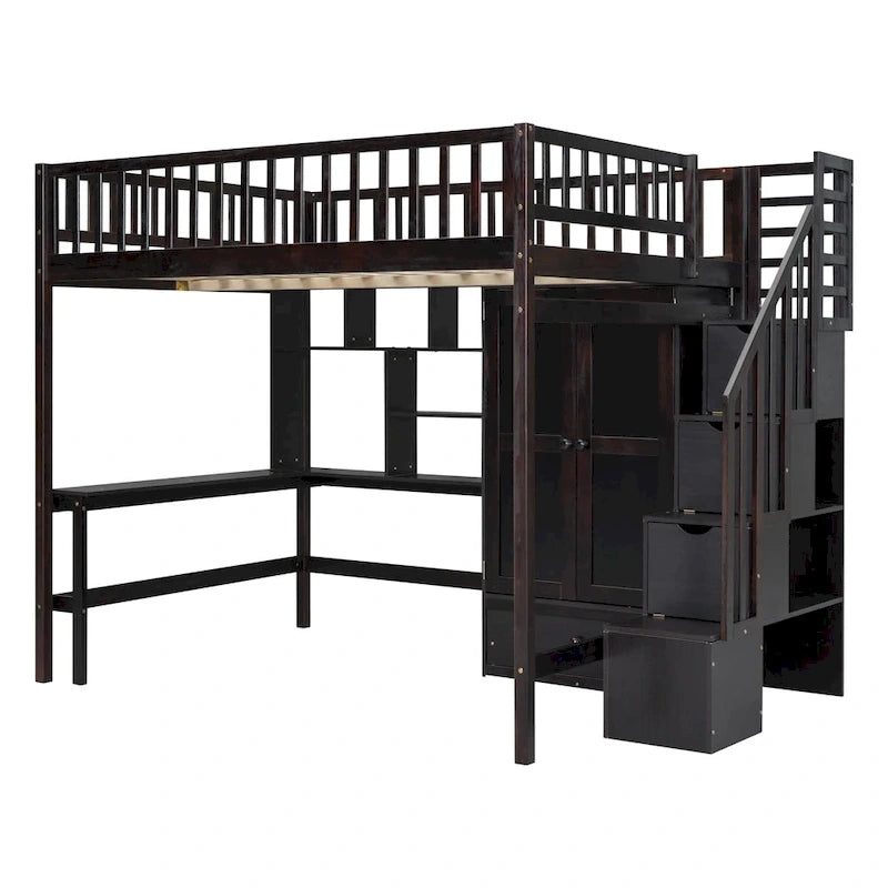 Nordic Creative Full Size Wood Loft Bed with Bookshelf, Drawers, Desk and Wardrobe Storage Bed Frame for Kids Teens Adults