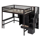 Nordic Creative Full Size Wood Loft Bed with Bookshelf, Drawers, Desk and Wardrobe Storage Bed Frame for Kids Teens Adults