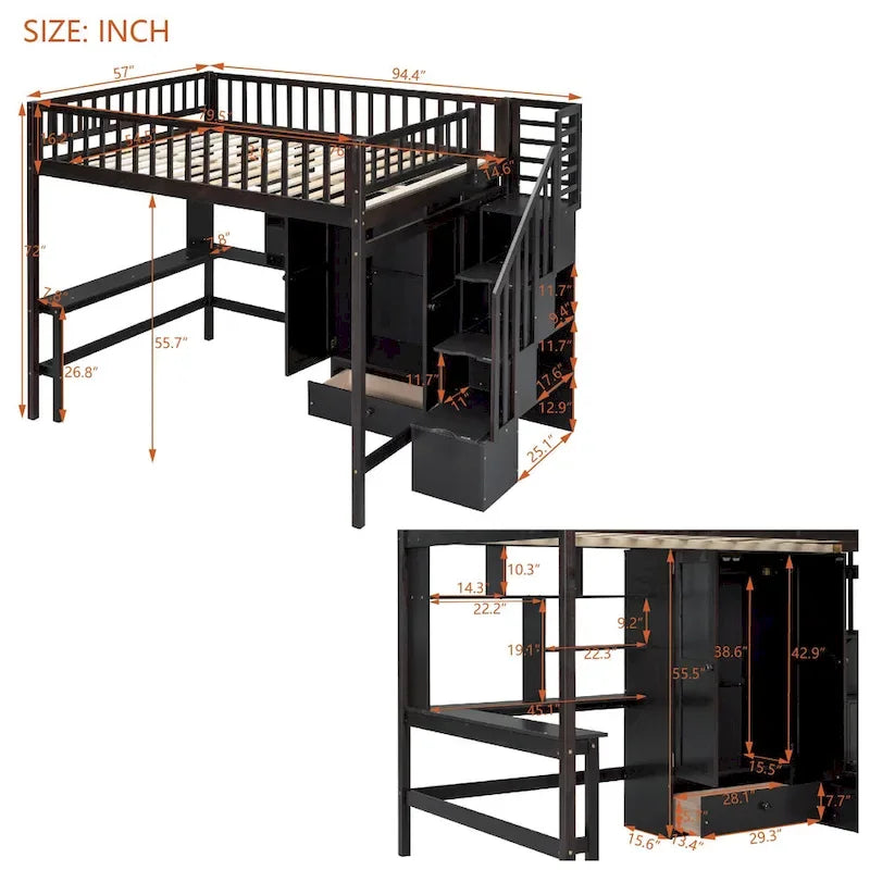 Nordic Creative Full Size Wood Loft Bed with Bookshelf, Drawers, Desk and Wardrobe Storage Bed Frame for Kids Teens Adults