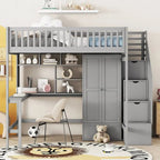 Nordic Creative Full Size Wood Loft Bed with Bookshelf, Drawers, Desk and Wardrobe Storage Bed Frame for Kids Teens Adults