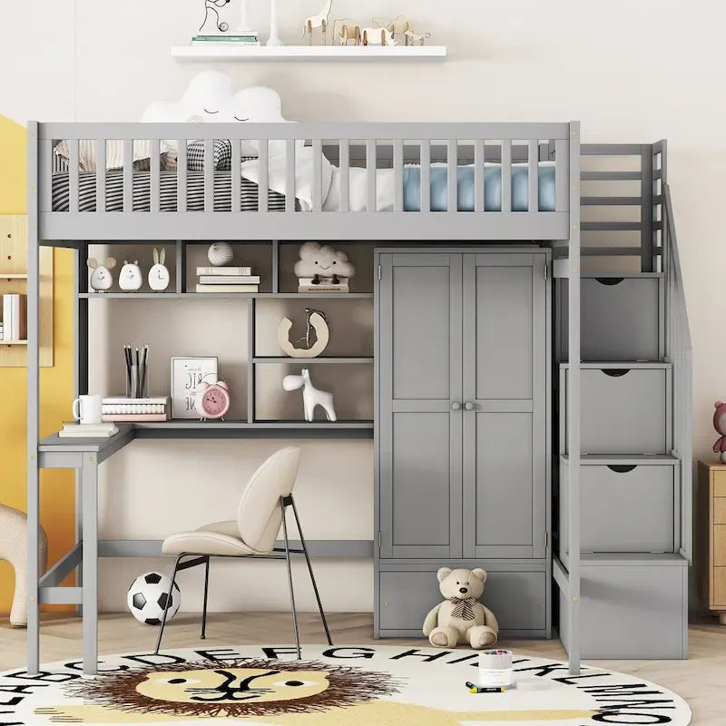 Nordic Creative Full Size Wood Loft Bed with Bookshelf, Drawers, Desk and Wardrobe Storage Bed Frame for Kids Teens Adults