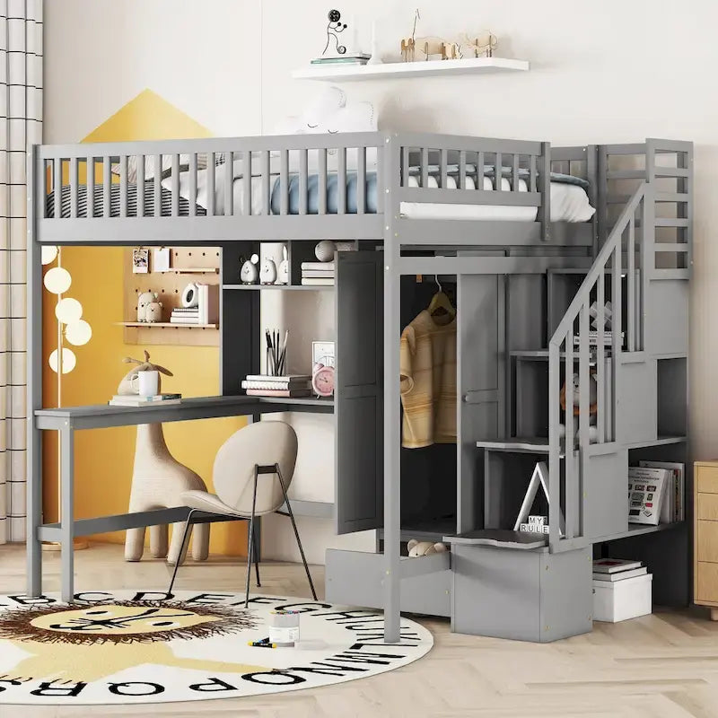 Nordic Creative Full Size Wood Loft Bed with Bookshelf, Drawers, Desk and Wardrobe Storage Bed Frame for Kids Teens Adults