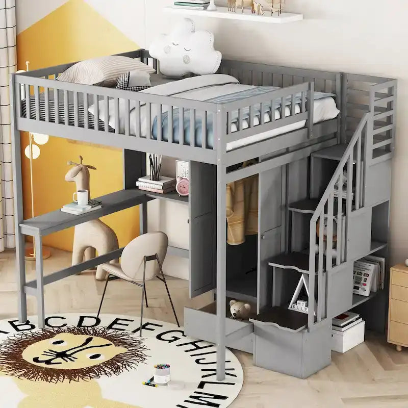 Nordic Creative Full Size Wood Loft Bed with Bookshelf, Drawers, Desk and Wardrobe Storage Bed Frame for Kids Teens Adults