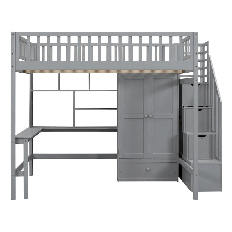 Nordic Creative Full Size Wood Loft Bed with Bookshelf, Drawers, Desk and Wardrobe Storage Bed Frame for Kids Teens Adults