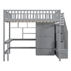 Nordic Creative Full Size Wood Loft Bed with Bookshelf, Drawers, Desk and Wardrobe Storage Bed Frame for Kids Teens Adults