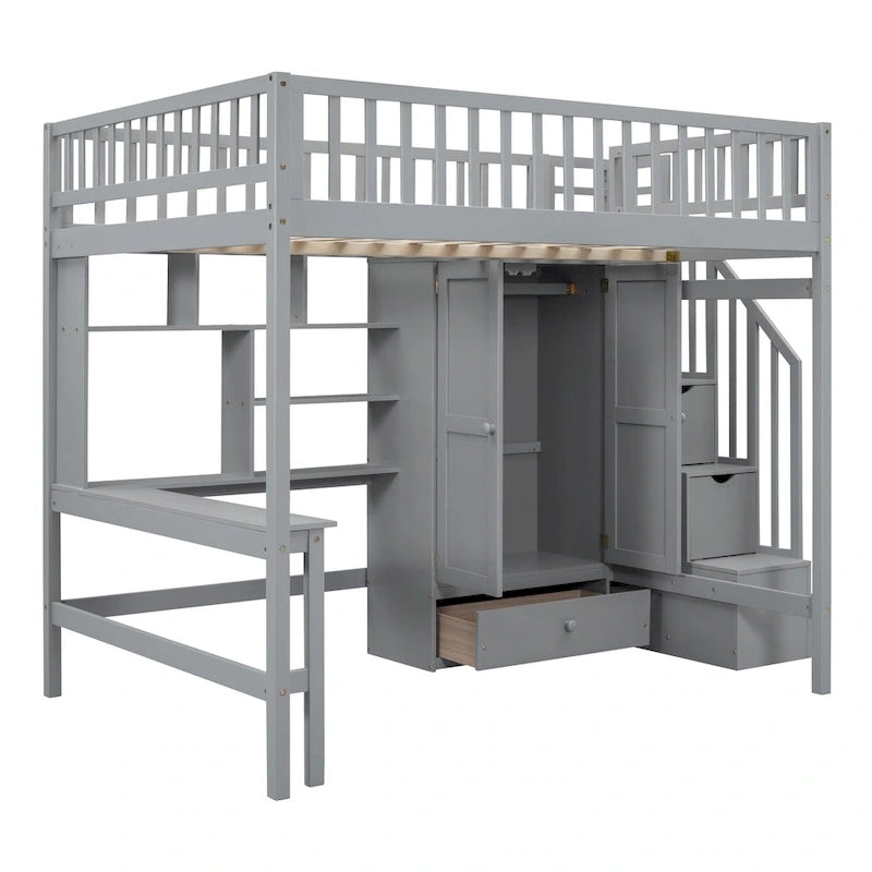 Nordic Creative Full Size Wood Loft Bed with Bookshelf, Drawers, Desk and Wardrobe Storage Bed Frame for Kids Teens Adults