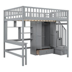 Nordic Creative Full Size Wood Loft Bed with Bookshelf, Drawers, Desk and Wardrobe Storage Bed Frame for Kids Teens Adults