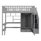 Nordic Creative Full Size Wood Loft Bed with Bookshelf, Drawers, Desk and Wardrobe Storage Bed Frame for Kids Teens Adults