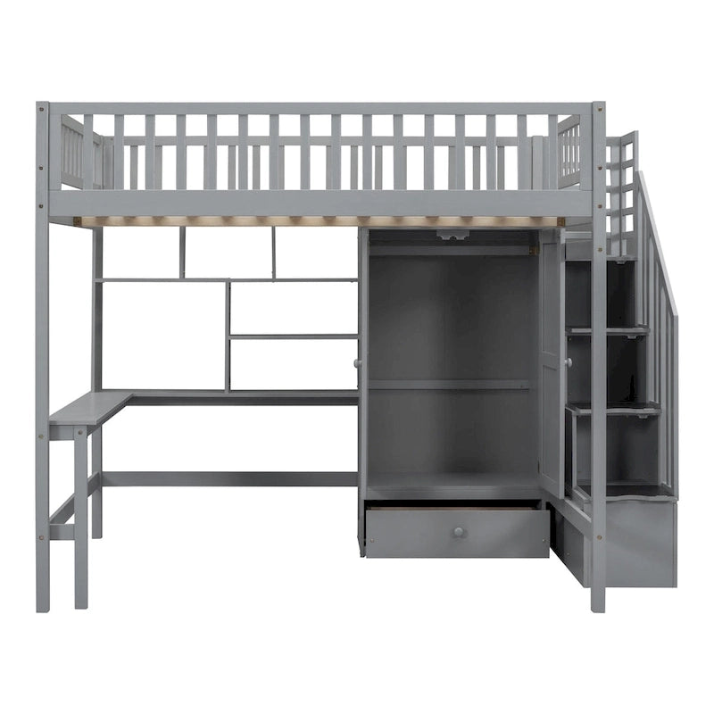 Nordic Creative Full Size Wood Loft Bed with Bookshelf, Drawers, Desk and Wardrobe Storage Bed Frame for Kids Teens Adults