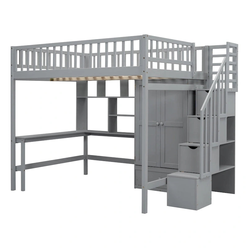 Nordic Creative Full Size Wood Loft Bed with Bookshelf, Drawers, Desk and Wardrobe Storage Bed Frame for Kids Teens Adults