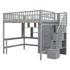 Nordic Creative Full Size Wood Loft Bed with Bookshelf, Drawers, Desk and Wardrobe Storage Bed Frame for Kids Teens Adults