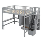 Nordic Creative Full Size Wood Loft Bed with Bookshelf, Drawers, Desk and Wardrobe Storage Bed Frame for Kids Teens Adults