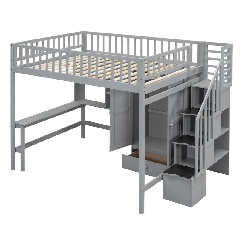 Nordic Creative Full Size Wood Loft Bed with Bookshelf, Drawers, Desk and Wardrobe Storage Bed Frame for Kids Teens Adults