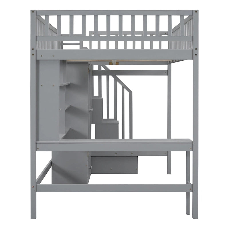 Nordic Creative Full Size Wood Loft Bed with Bookshelf, Drawers, Desk and Wardrobe Storage Bed Frame for Kids Teens Adults