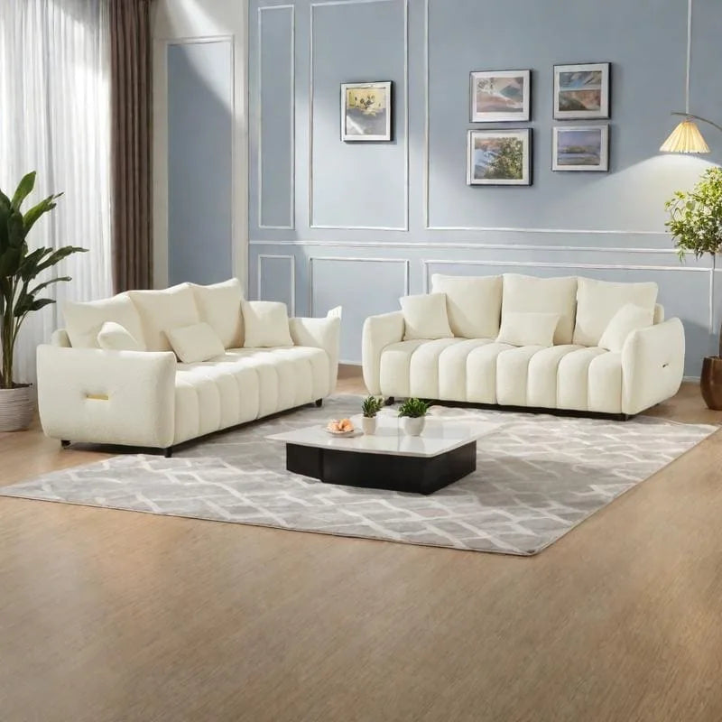 2-Pieces 6-Seat Teddy Fabric Sectional Sofa Set (3+3) with Wooden Frame & 6 Pillows