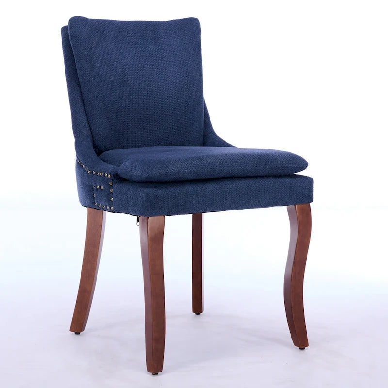 Double-layer Cushioned Dining Chairs Set of 2 Chenille Mid-Back Chair with Nailhead Trim Side Chair with Bent Wood Legs