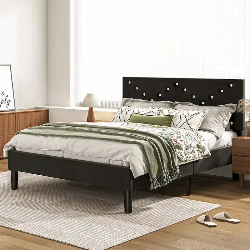 Upholstered Platform Bed, Queen Size, Black with Padded Headboard & Heavy-Duty Metal Frame