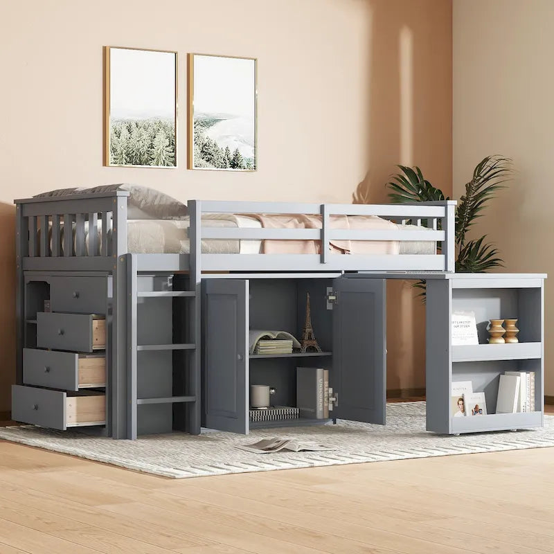 Twin Loft Bed with Pull-Out Desk, 2 Cabinets, 4 Drawers & Shelves