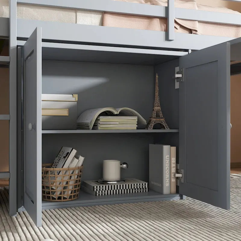 Twin Loft Bed with Pull-Out Desk, 2 Cabinets, 4 Drawers & Shelves
