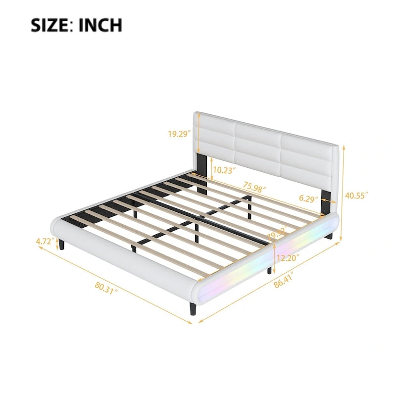 King Size Upholstered Platform Bed with LED Light Strips,Beige