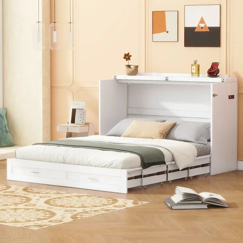 Full Size Murphy Bed Wall Bed with drawer and a set of Sockets & USB Ports, Pulley Structure Design
