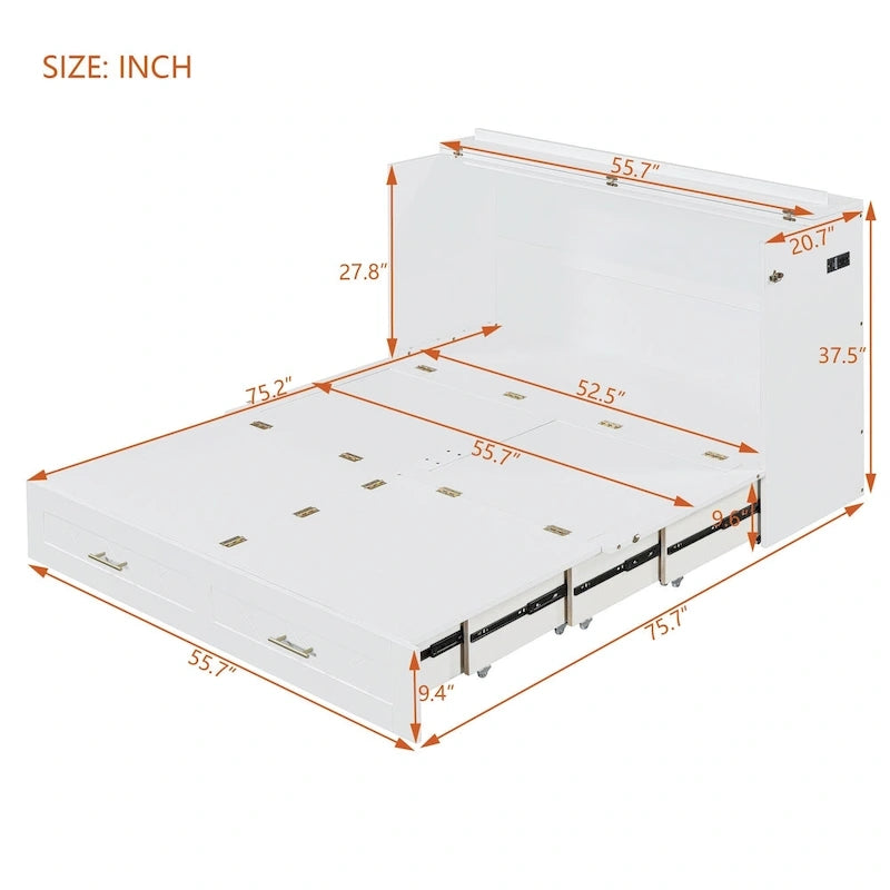 Full Size Murphy Bed Wall Bed with drawer and a set of Sockets & USB Ports, Pulley Structure Design