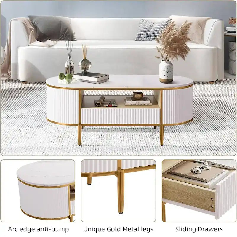 Modern Oval Coffee Table with Drawers for Living Room - N/A