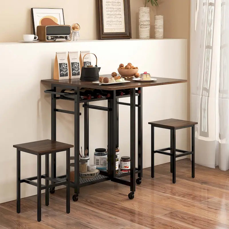 Costway 3 PCS Rolling Dining Table Set Extendable Kitchen Table 2