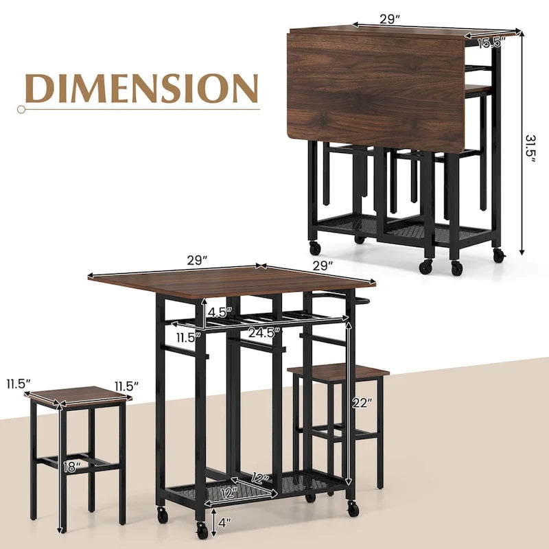 Costway 3 PCS Rolling Dining Table Set Extendable Kitchen Table 2