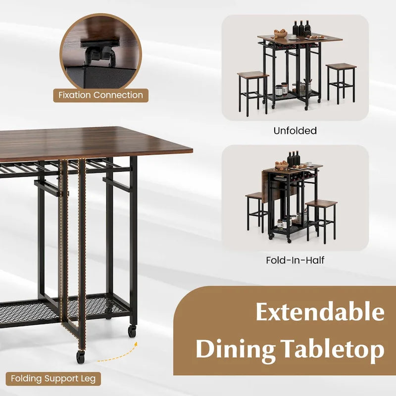 Costway 3 PCS Rolling Dining Table Set Extendable Kitchen Table 2
