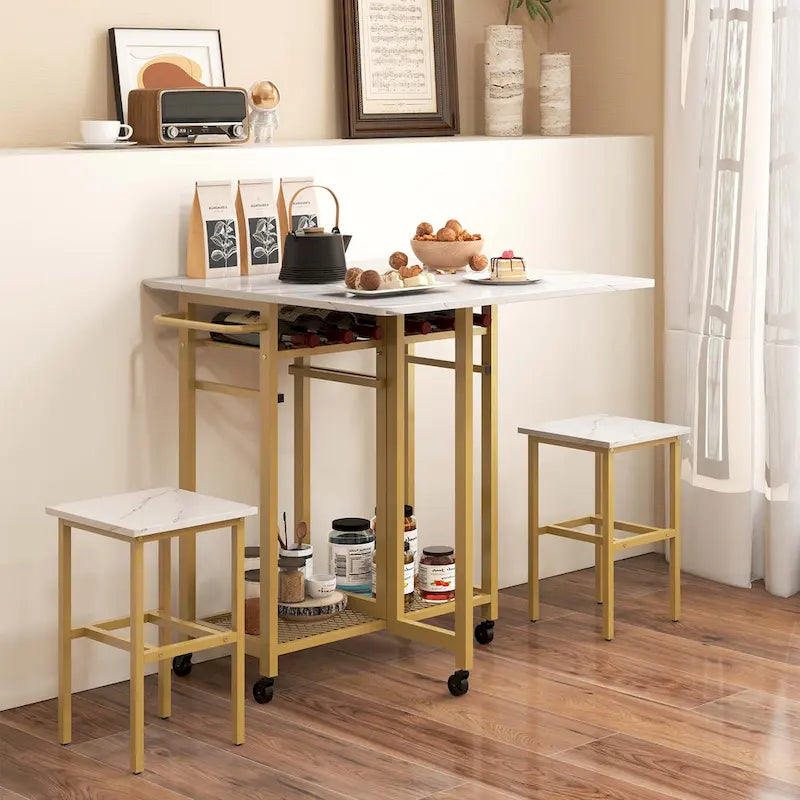 Costway 3 PCS Rolling Dining Table Set Extendable Kitchen Table 2