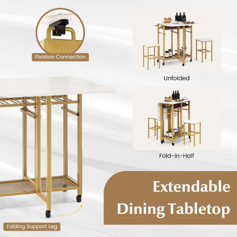 Costway 3 PCS Rolling Dining Table Set Extendable Kitchen Table 2