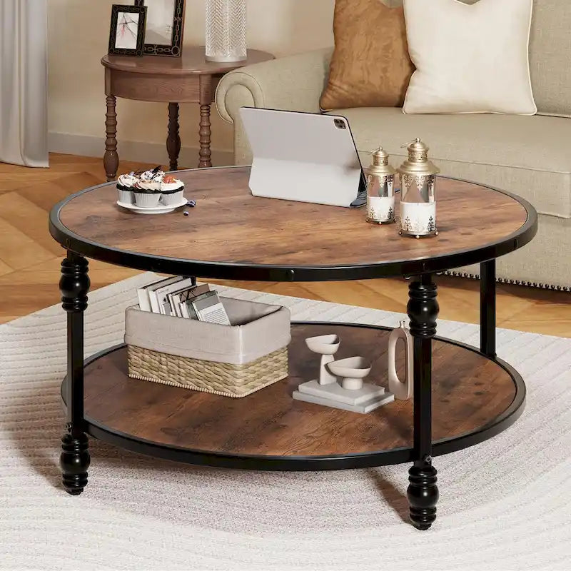 Coffee Table Round Rustic Center Table with Storage Shelf