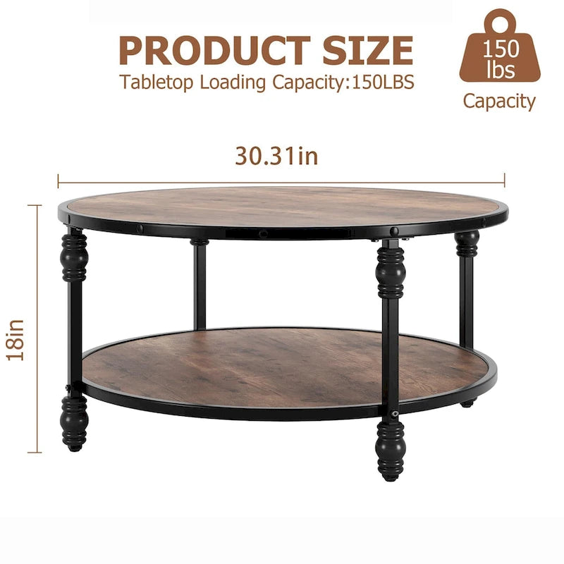 Coffee Table Round Rustic Center Table with Storage Shelf