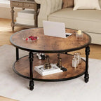Coffee Table Round Rustic Center Table with Storage Shelf