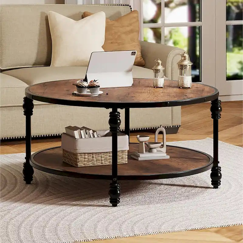 Coffee Table Round Rustic Center Table with Storage Shelf
