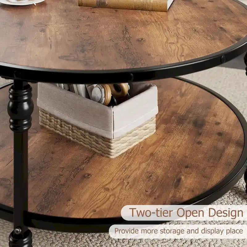 Coffee Table Round Rustic Center Table with Storage Shelf