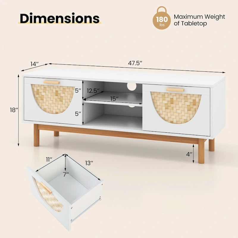 Costway TV Stand for 55-Inch TVs with 2 Drawers & Bamboo Woven Fronts - See Details