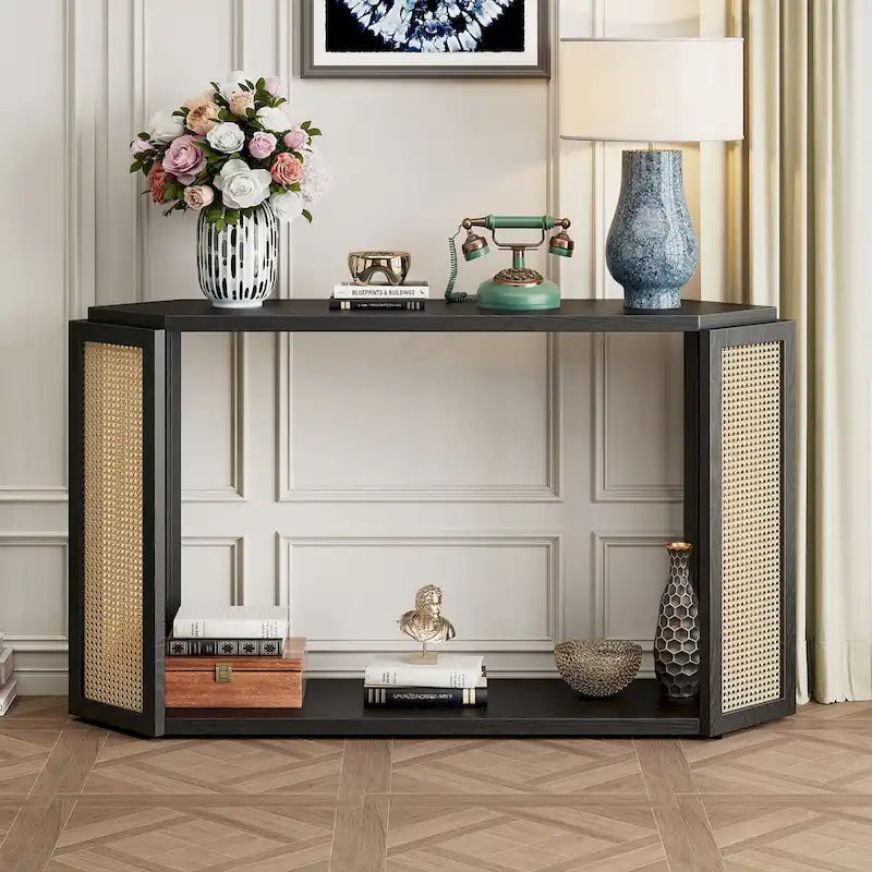 Model Narrow Entryway Table,Irregular Top with Rattan for Living Room