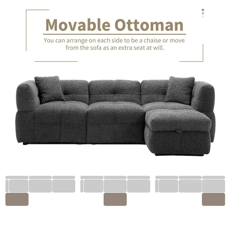 Sectional Sofa, L-Shape Couch with Movable Storage Ottoman 2 USB Ports and 2 Pillows Upholstered Tufted Couch for Living Room