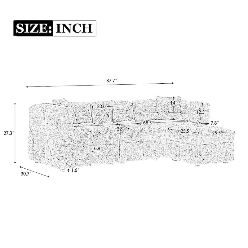 Sectional Sofa, L-Shape Couch with Movable Storage Ottoman 2 USB Ports and 2 Pillows Upholstered Tufted Couch for Living Room