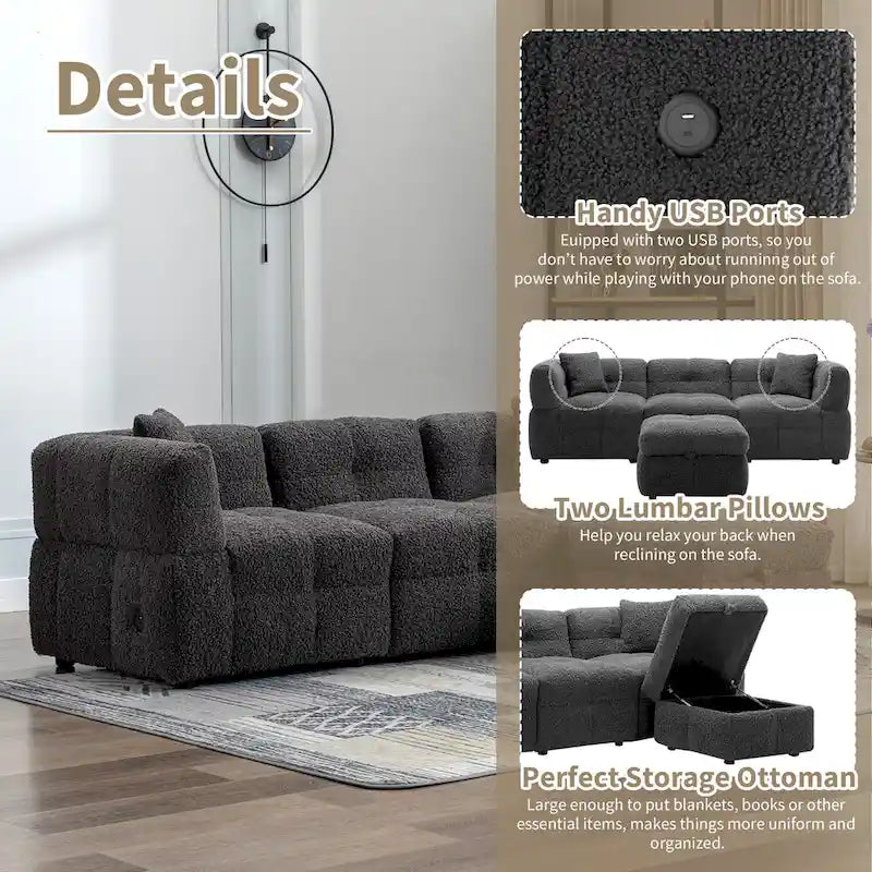 Sectional Sofa, L-Shape Couch with Movable Storage Ottoman 2 USB Ports and 2 Pillows Upholstered Tufted Couch for Living Room