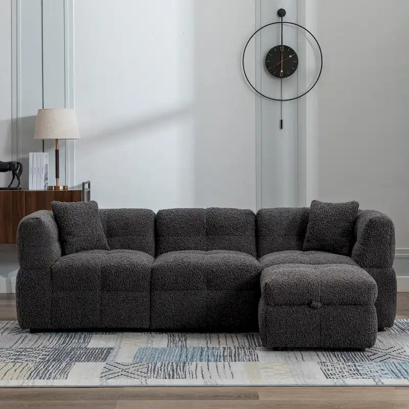 Sectional Sofa, L-Shape Couch with Movable Storage Ottoman 2 USB Ports and 2 Pillows Upholstered Tufted Couch for Living Room