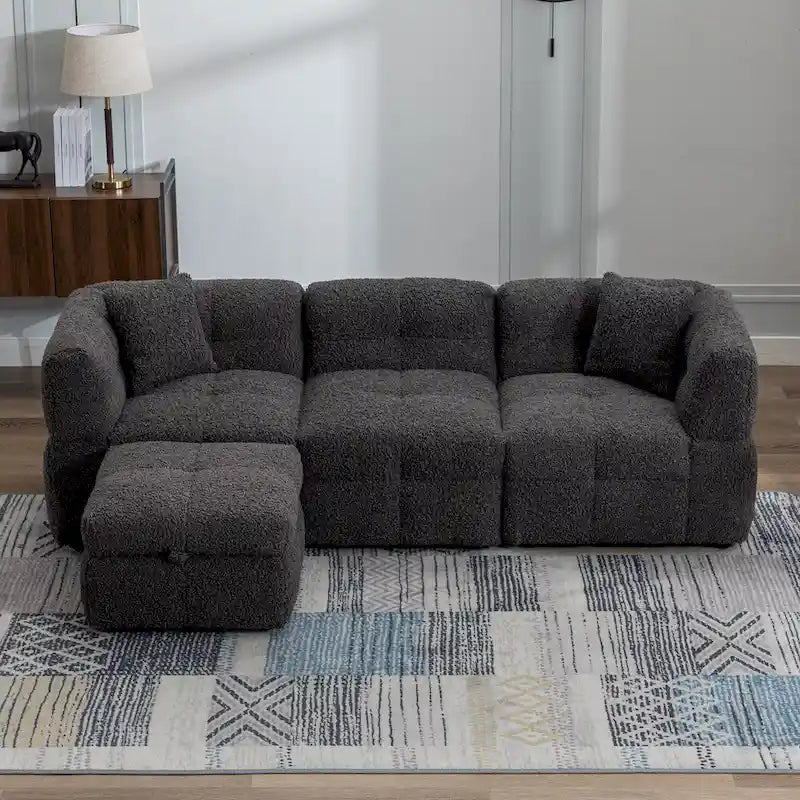 Sectional Sofa, L-Shape Couch with Movable Storage Ottoman 2 USB Ports and 2 Pillows Upholstered Tufted Couch for Living Room