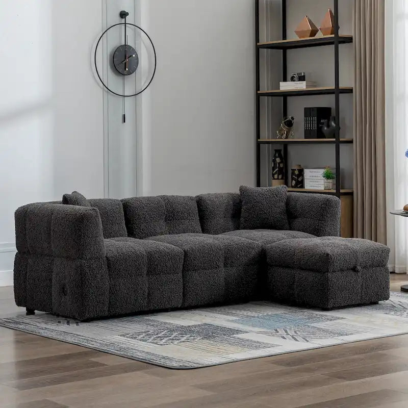 Sectional Sofa, L-Shape Couch with Movable Storage Ottoman 2 USB Ports and 2 Pillows Upholstered Tufted Couch for Living Room