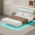 Modern Upholstered Floating Bed Frame with LED Lights, Vertical Channel Design Velvet Fabric Bed, Full Size, Beige