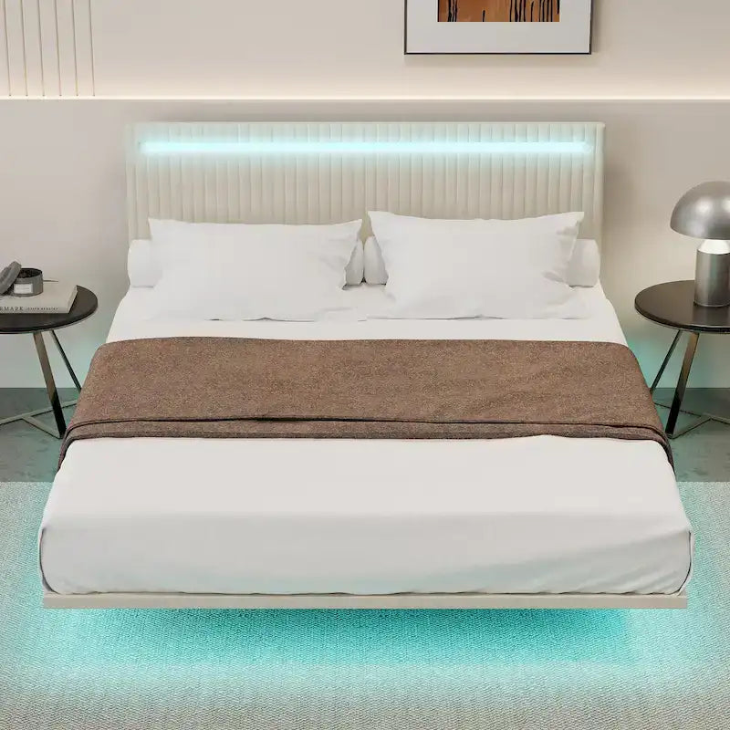 Modern Upholstered Floating Bed Frame with LED Lights, Vertical Channel Design Velvet Fabric Bed, Full Size, Beige