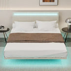 Modern Upholstered Floating Bed Frame with LED Lights, Vertical Channel Design Velvet Fabric Bed, Full Size, Beige